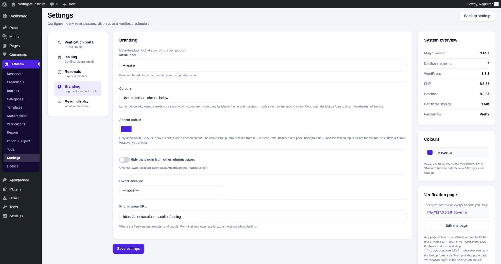 The Attestra branding settings tab showing the menu label, colour source, accent colour and owner account options.