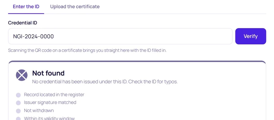 The public verification page reporting that a credential ID is not in the register.