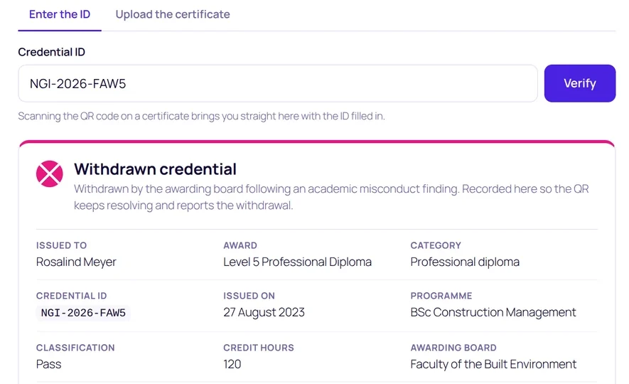 The public verification page reporting that a credential has been withdrawn, with the reason given.