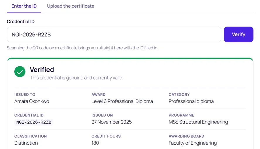 The public verification page confirming a credential is genuine, listing the holder, award, category and issue date.